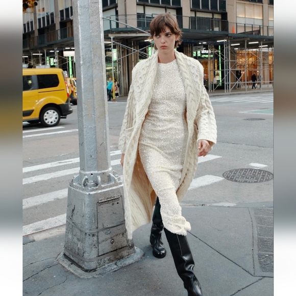 ZARA LONG CABLE KNIT COAT - Picture 2 of 7